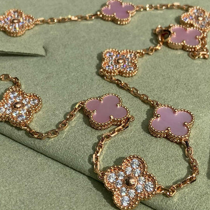 [GALE]CLOVER 10 MOTIFS DIAMOND PINK MOP NECKLACE