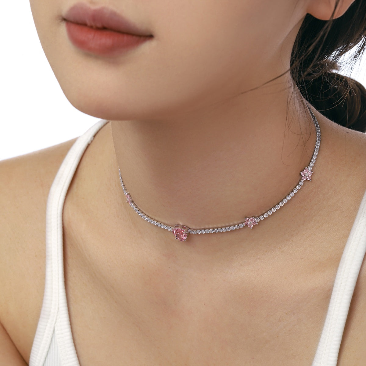 [GALE]Dazzling Pink Heart Flower Necklace