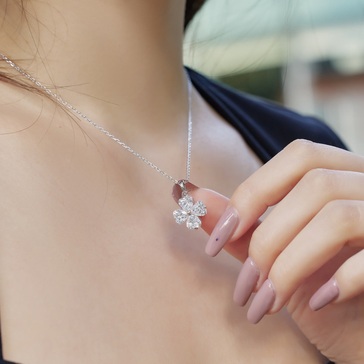 [GALE]Heart-Shaped Four-Leaf Clover Bead Necklace