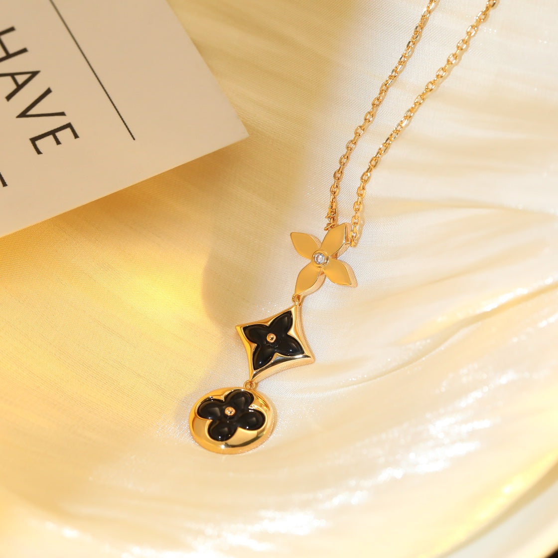 [GALE] Halskette mit Stern und Sonne, Onyx, Rosa und Gold