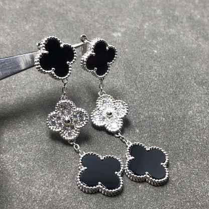 [GALE]CLOVER 3 MOTIF DIAMOND ONYX SILBER OHRRINGE