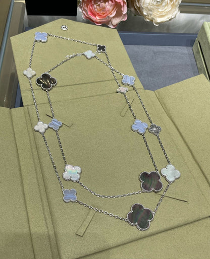 [GALE]CLOVER 16 MOTIF CHALCEDONY MOP SILVER NECKLACE