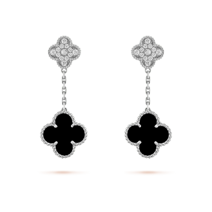 [GALE]CLOVER 2 MOTIFS  DIAMOND ONYX EARRINGS SILVER