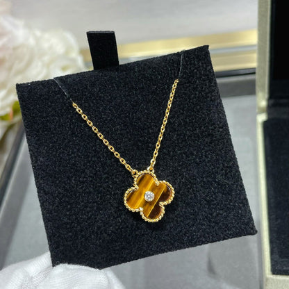 [GALE]CLOVER 15MM DIAMANT UND GELBER TIGERAUGE-ACHAT-Halskette
