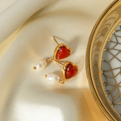 [GALE]Sabina Pearl Heart Gold Earrings