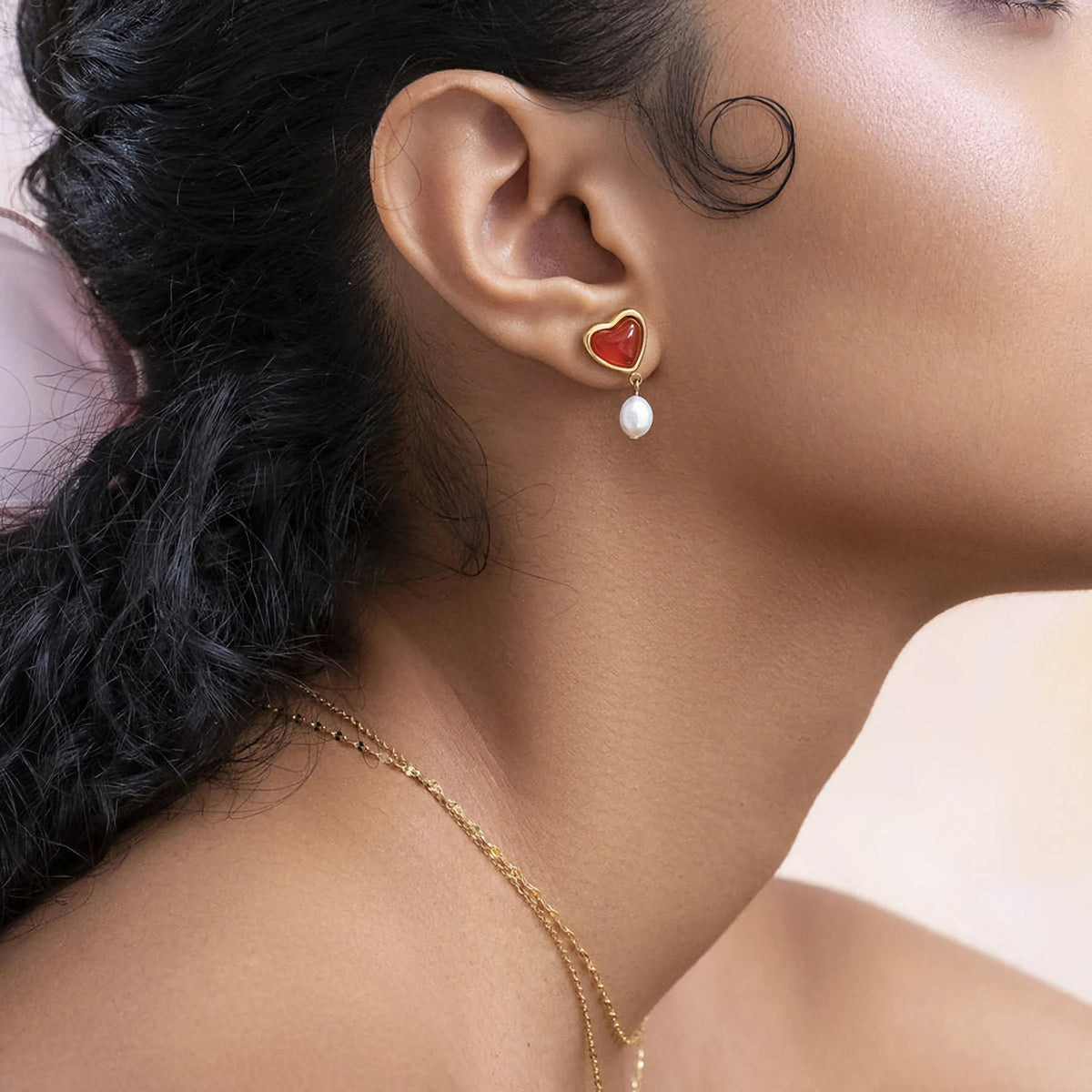 [GALE]Sabina Pearl Heart Gold Earrings